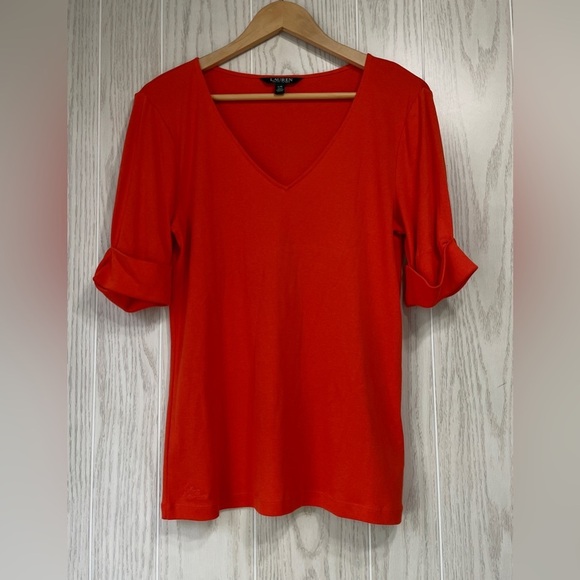 Lauren Ralph Lauren Orange  V-Neck Short Sleeve Pullover T-Shirt Top Size L LNC - Picture 1 of 3
